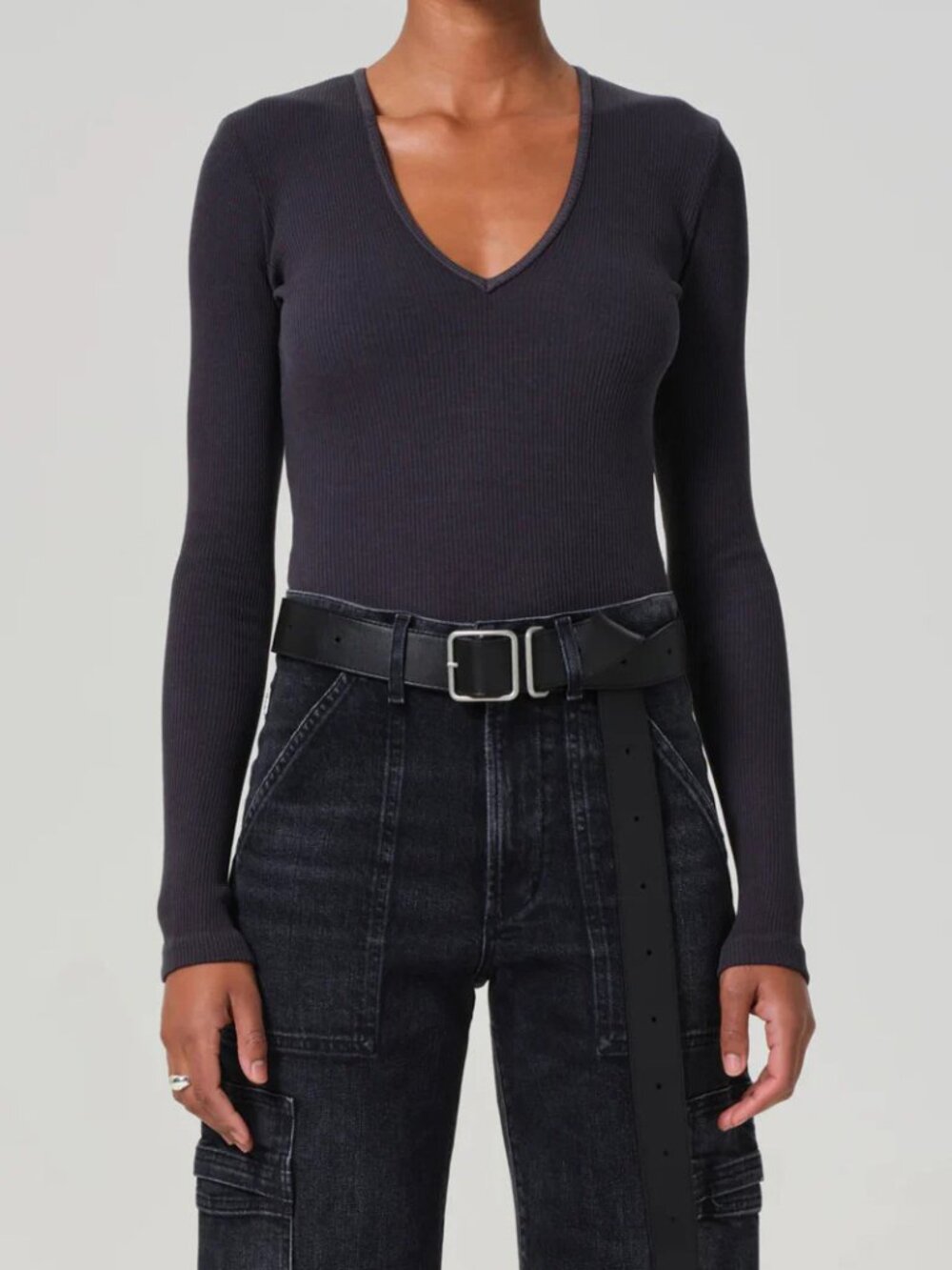 NWT Citizens of Humanity - Deep V Long Sleeve Bodysuit - Charcoal - Medium Helsa